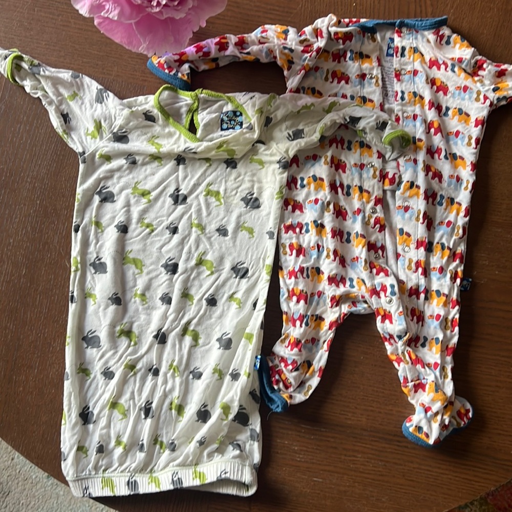 Kickee pants bundle - rabbit gown and elephant onesie 0-3m bamboo